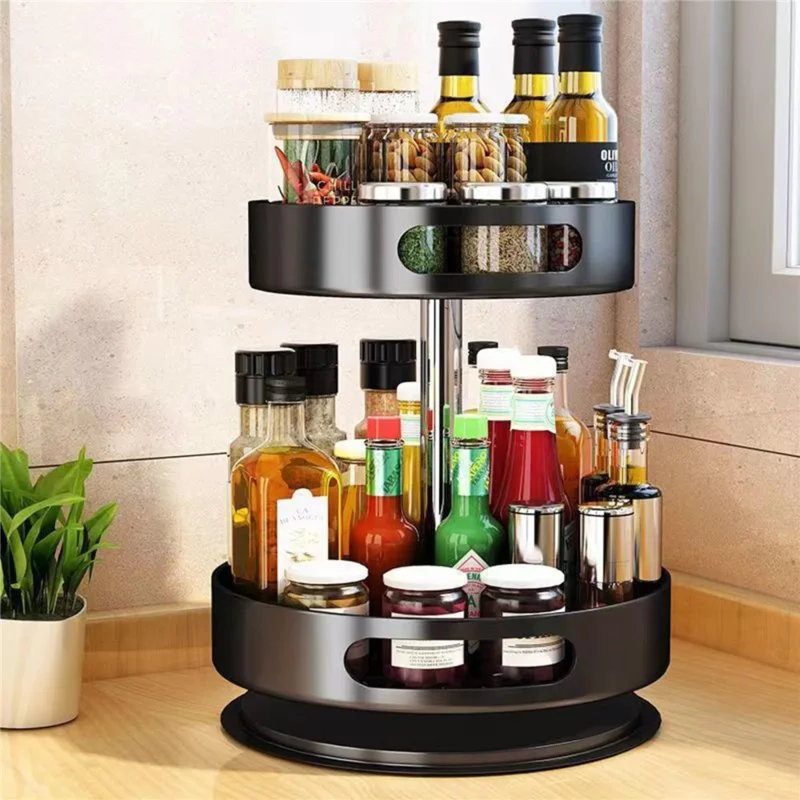 2 Tiers Rotating Kitchen Seasoning Storage Rack Carbon Steel Countertop Cupboard Organizer - Black