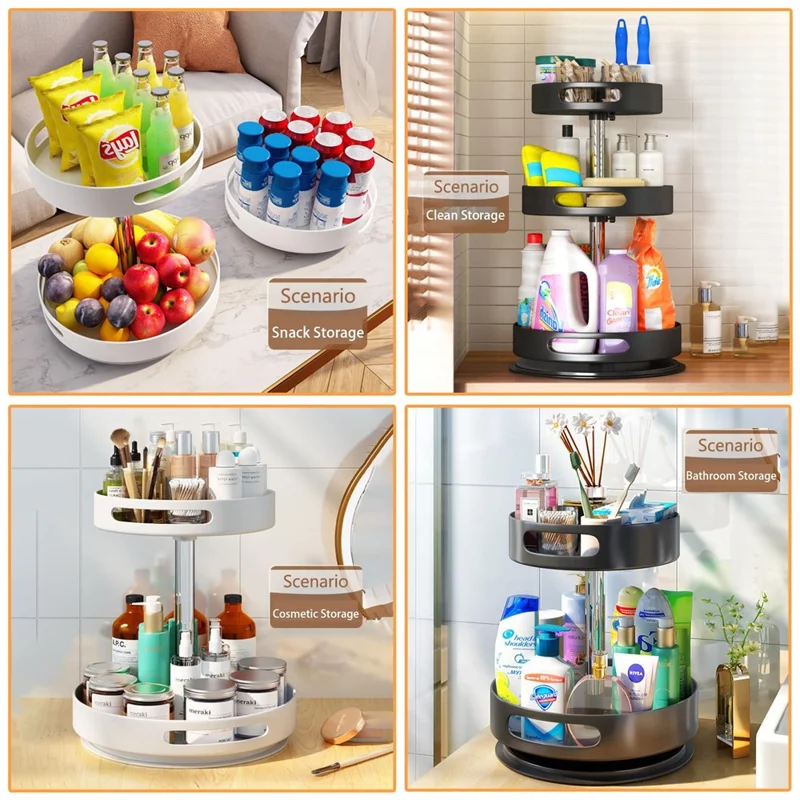 2 Tiers Rotating Kitchen Seasoning Storage Rack Carbon Steel Countertop Cupboard Organizer - Black