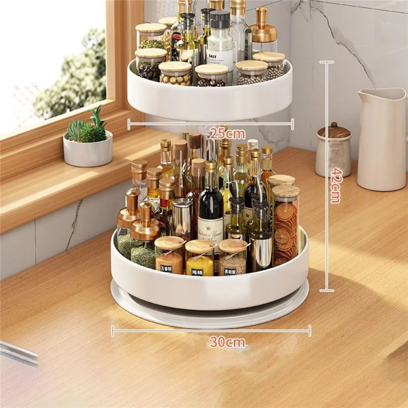 2 Tiers Rotating Kitchen Seasoning Storage Rack Carbon Steel Countertop Cupboard Organizer - Black