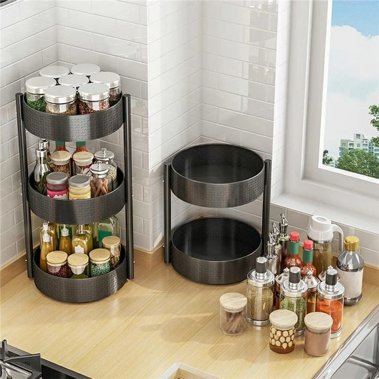 Estantería giratoria de 2 niveles para especias y condimentos para encimera de cocina, organizador de 360 grados - Negro