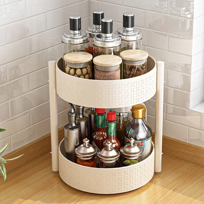2 Tier Rotating Spice Rack Kitchen Countertop Organizer 360 Degree Rotating Storage Shelf for Condiments - White