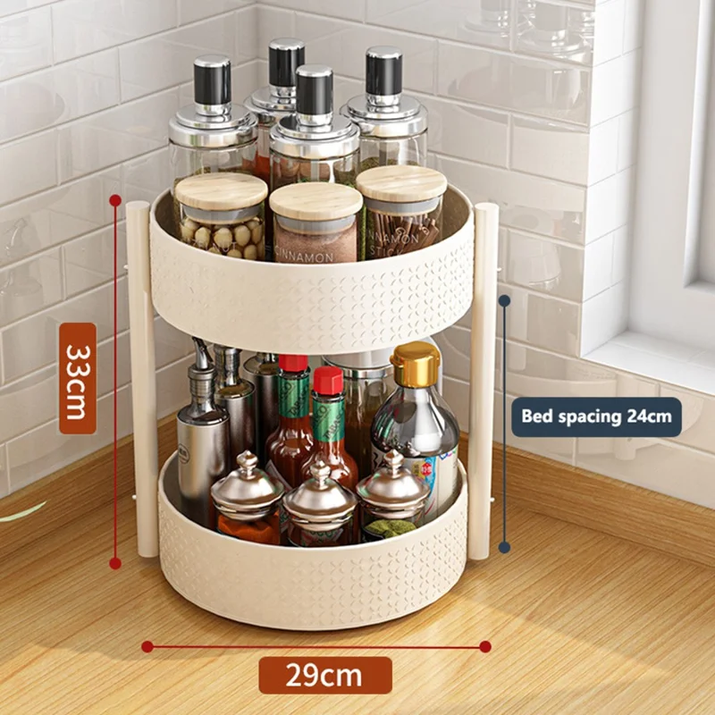 2 Tier Rotating Spice Rack Kitchen Countertop Organizer 360 Degree Rotating Storage Shelf for Condiments - White