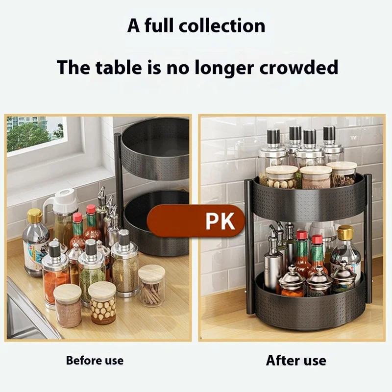 2 Tier Rotating Spice Rack Kitchen Countertop Organizer 360 Degree Rotating Storage Shelf for Condiments - White