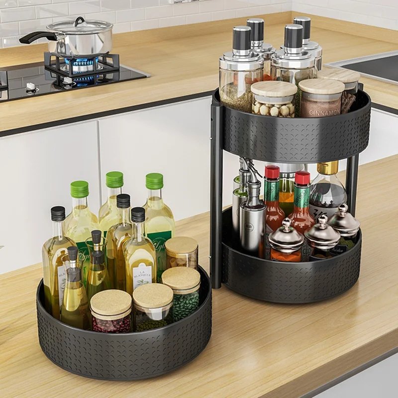 2 Tier Rotating Spice Rack Kitchen Countertop Organizer 360 Degree Rotating Storage Shelf for Condiments - White