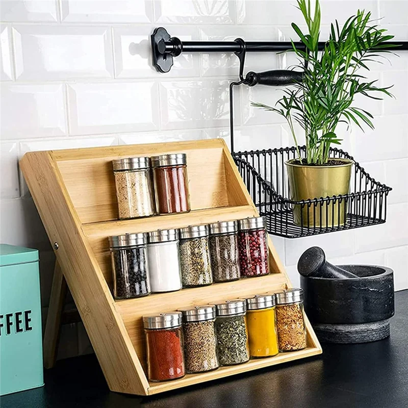 Kitchen Counter Organizer 3-Tier Bamboo Wood Spice Rack Storage Shelf for Condiments