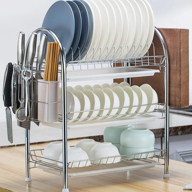 3 Tiers Kitchen Dish Rack Multifunctional Drainer for Bowls Plates Cups Organizer Shelf - White+Cutting Board Holder