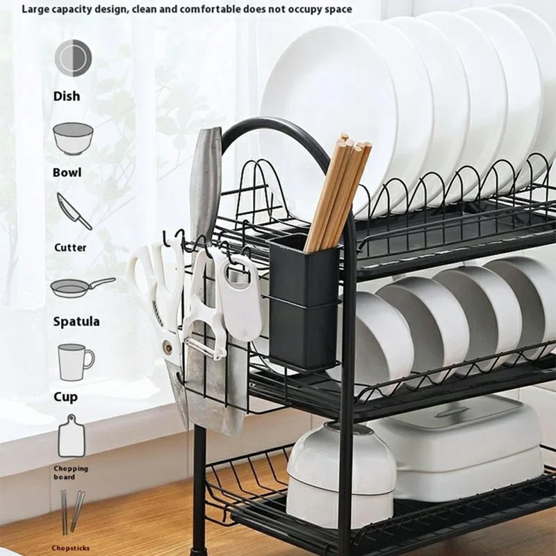 3 Tiers Kitchen Dish Rack Multifunctional Drainer for Bowls Plates Cups Organizer Shelf - White+Cutting Board Holder