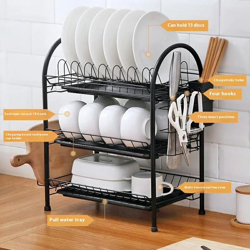 3 Tiers Kitchen Dish Rack Multifunctional Drainer for Bowls Plates Cups Organizer Shelf - White+Cutting Board Holder