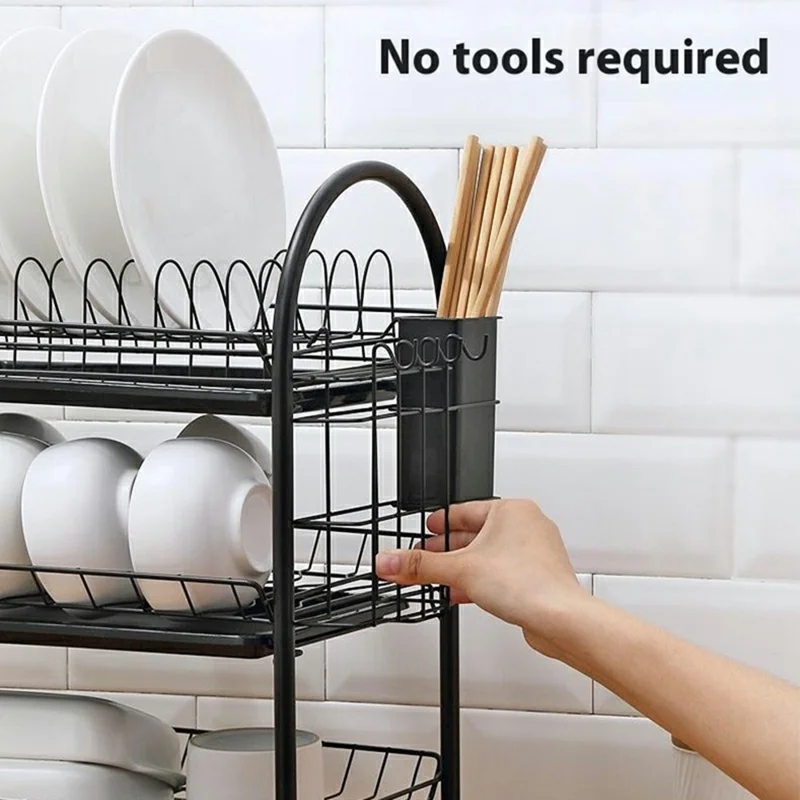 3 Tiers Kitchen Dish Rack Multifunctional Drainer for Bowls Plates Cups Organizer Shelf - White+Cutting Board Holder