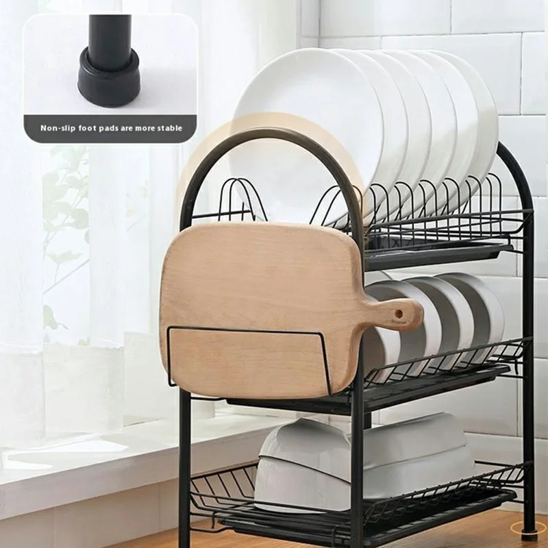 3 Tiers Kitchen Dish Rack Multifunctional Drainer for Bowls Plates Cups Organizer Shelf - White+Cutting Board Holder
