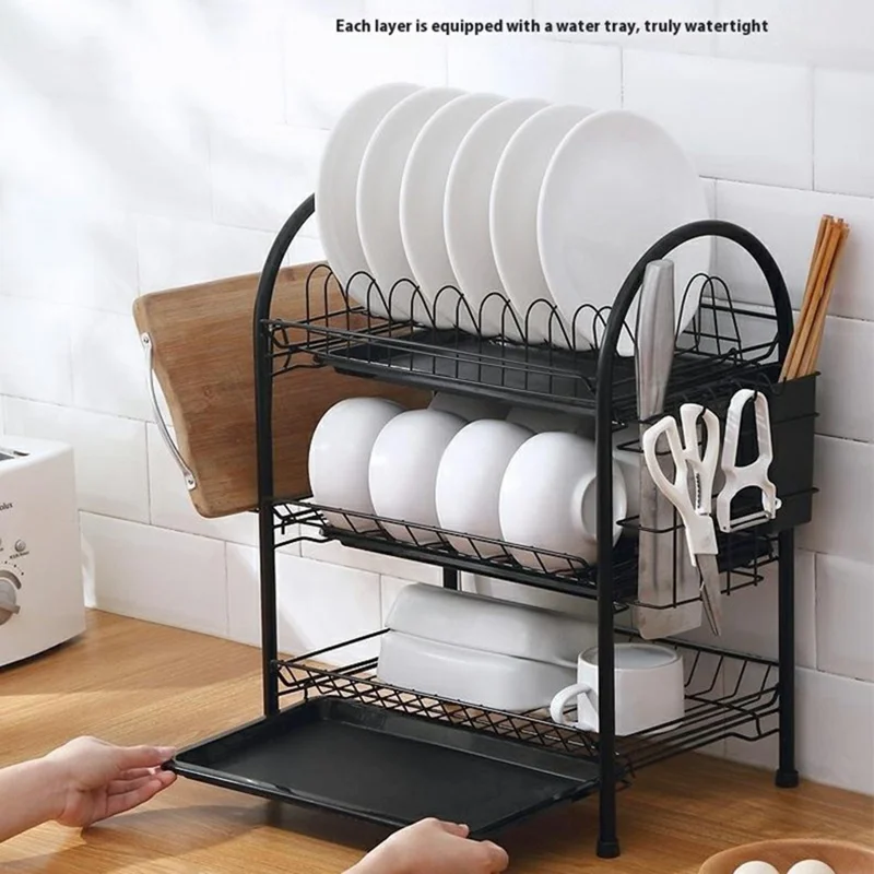 3 Tiers Kitchen Dish Rack Multifunctional Drainer for Bowls Plates Cups Organizer Shelf - White+Cutting Board Holder