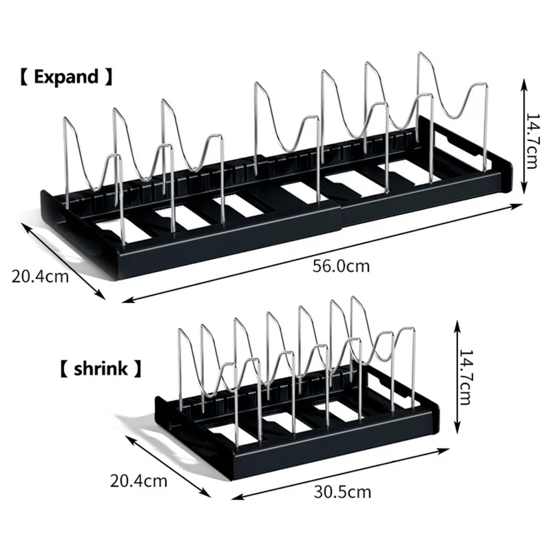 Utbyggbar organisör för grytlökar, köksbänks- och skåpstativ i rostfritt stål + HIPS, hållare för grytor och kastruller - Svart