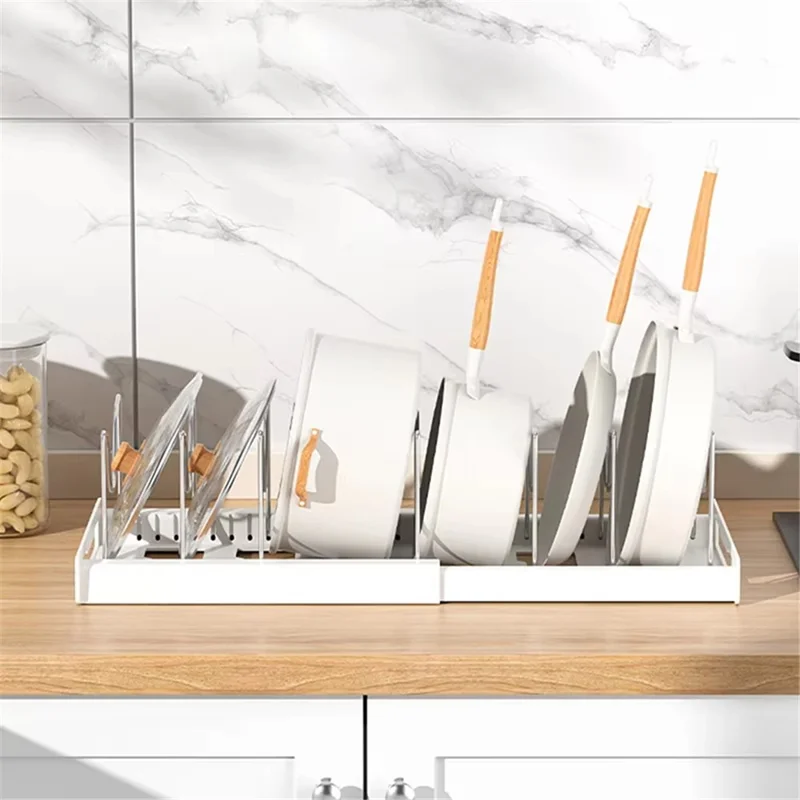 Extendable Pot Lid Organizer Kitchen Countertop Cabinet Storage Rack Stainless Steel + HIPS Cookware Holder - Grey