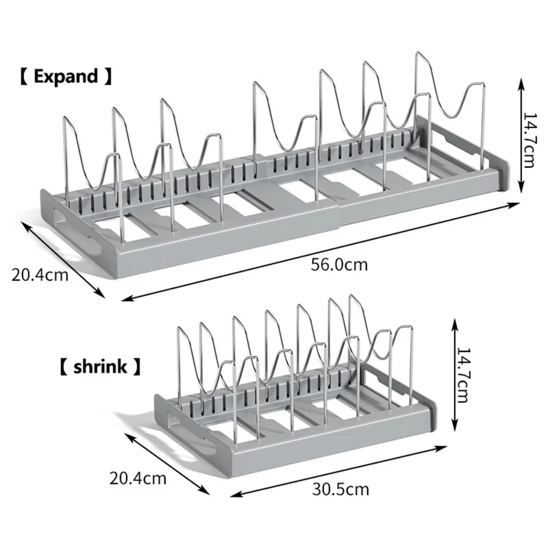 Extendable Pot Lid Organizer Kitchen Countertop Cabinet Storage Rack Stainless Steel + HIPS Cookware Holder - Grey