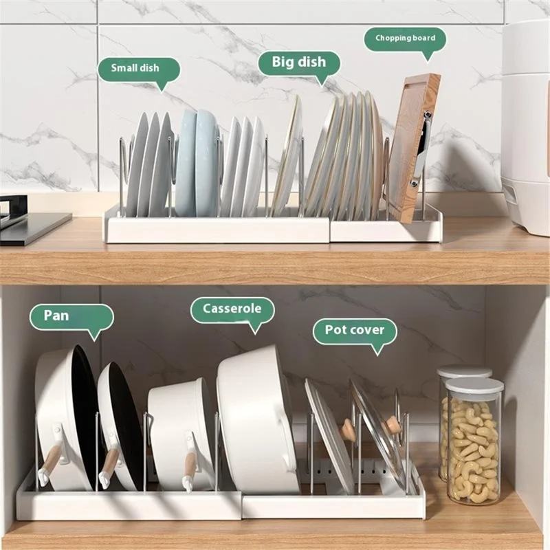 Extendable Pot Lid Organizer Kitchen Countertop Cabinet Storage Rack Stainless Steel + HIPS Cookware Holder - Grey