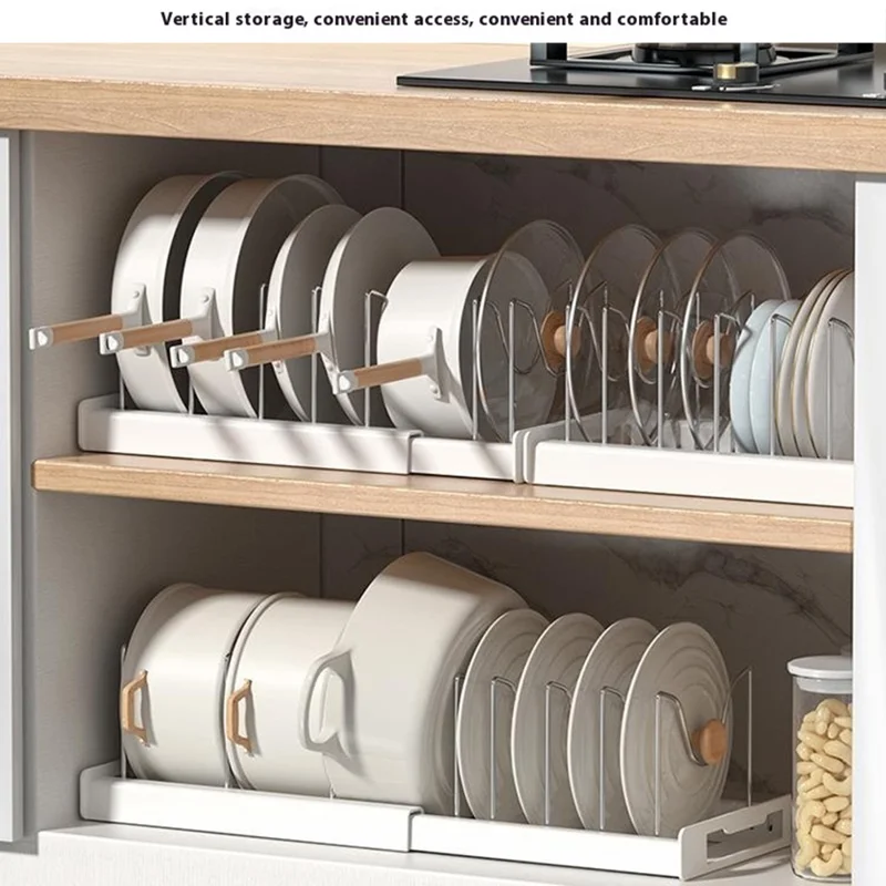 Extendable Pot Lid Organizer Kitchen Countertop Cabinet Storage Rack Stainless Steel + HIPS Cookware Holder - Grey