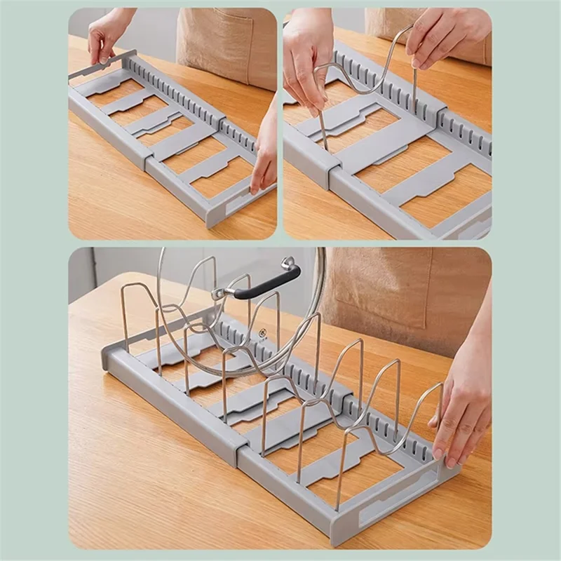 Extendable Pot Lid Organizer Kitchen Countertop Cabinet Storage Rack Stainless Steel + HIPS Cookware Holder - Grey