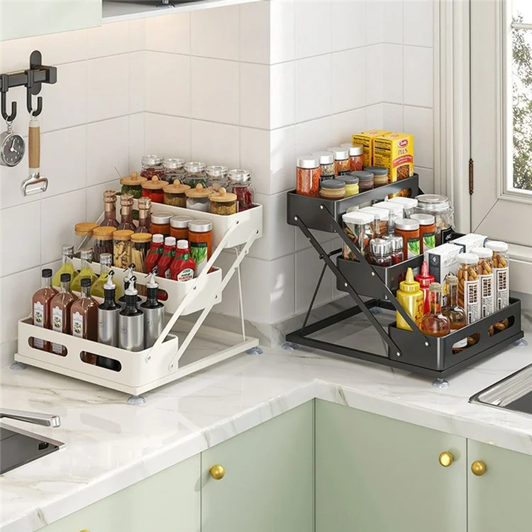 Organisateur de rangement d'épices de cuisine en acier au carbone + Étagère de stockage pliable à plusieurs niveaux en plastique