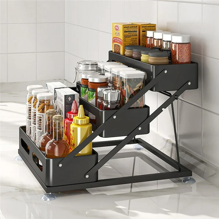 Organisateur de rangement d'épices de cuisine en acier au carbone + Étagère de stockage pliable à plusieurs niveaux en plastique