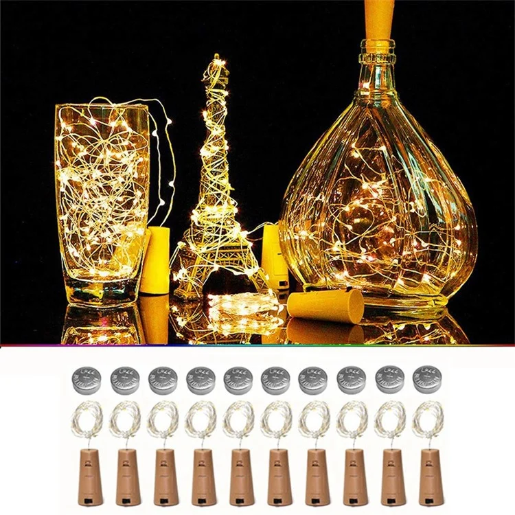 10Pcs Copper Wire 2m Wine Bottle Plug String Light LED Waterproof Festival Lighting Decor with 10Pcs Extra Batteries - Warm White