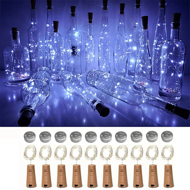 10Pcs Copper Wire 2m Wine Bottle Plug String Light LED Waterproof Festival Lighting Decor with 10Pcs Extra Batteries - White