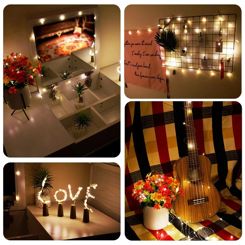 10Pcs Copper Wire 2m Wine Bottle Plug String Light LED Waterproof Festival Lighting Decor with 10Pcs Extra Batteries - White