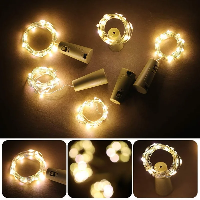 10Pcs Copper Wire 2m Wine Bottle Plug String Light LED Waterproof Festival Lighting Decor with 10Pcs Extra Batteries - White