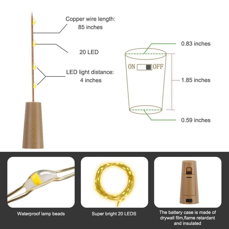 10Pcs Copper Wire 2m Wine Bottle Plug String Light LED Waterproof Festival Lighting Decor with 10Pcs Extra Batteries - White