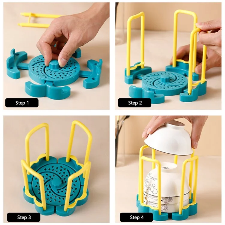 Retractable PP Bowl Holder Draining Rack Drying Shelf Display Stand Kitchen Storage Holder (No FDA Certificate, BPA-free) - Yellow Blue
