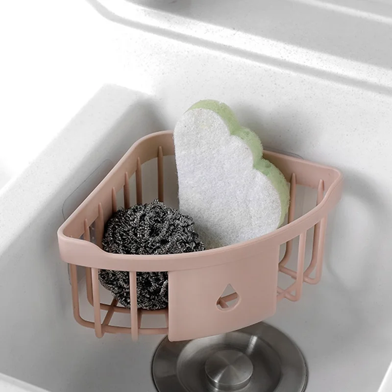 No Drill Triangular Bathroom Corner Rack Plastic Kitchen Sink Storage Basket - Pink