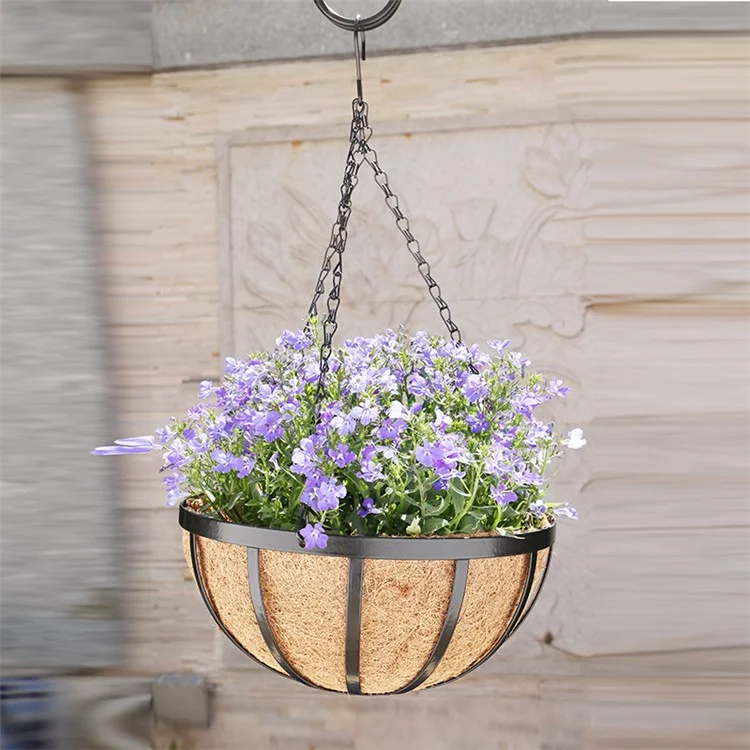 001-YZ01 14-inch Metal Chain Hanging Planter Basket Coir Liner Flower Pot (Round Shape)