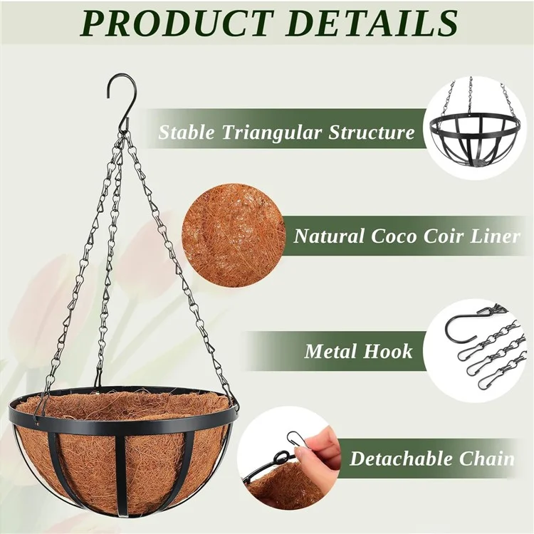 001-YZ01 14-inch Metal Chain Hanging Planter Basket Coir Liner Flower Pot (Round Shape)