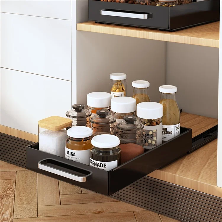 Pull Out Spice Rack Organizer for Cabinet Metallic Carbon Slide Rail Organizer Shelf - Black