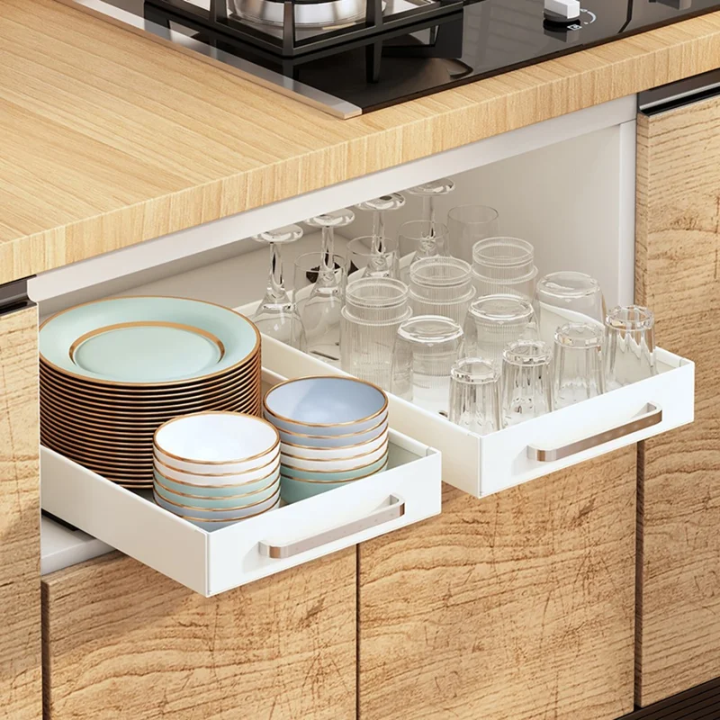 Pull Out Spice Rack Organizer for Cabinet Metallic Carbon Slide Rail Organizer Shelf - White