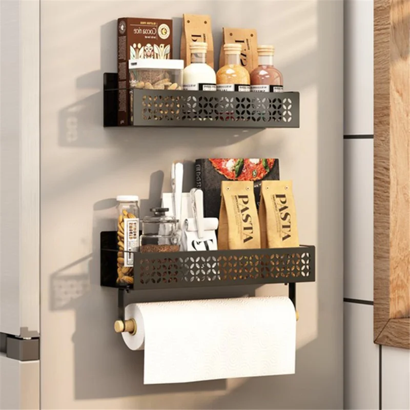 2Pcs Magnetic Spice Rack For Refrigerator Hanging Storage Rack Iron Storage Shelf - Black / Small+Big