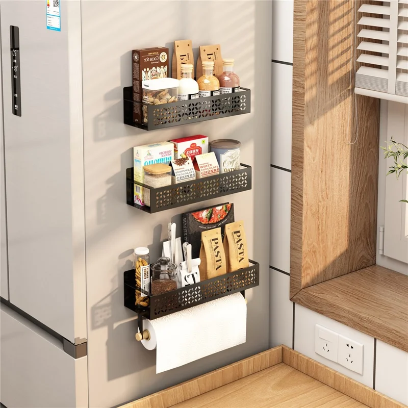 2Pcs Magnetic Spice Rack For Refrigerator Hanging Storage Rack Iron Storage Shelf - Black / Small+Big