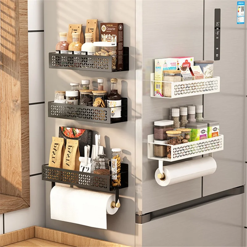 2Pcs Magnetic Spice Rack For Refrigerator Hanging Storage Rack Iron Storage Shelf - Black / Small+Big