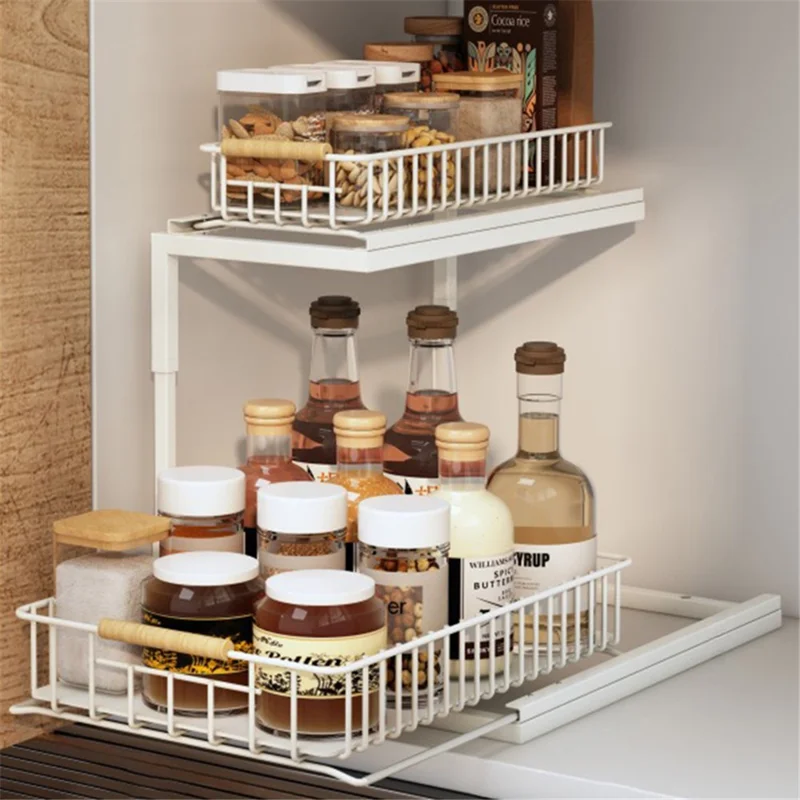 Kitchen Utensils Storage Rack Double Layer Pull-out Carbon Steel Shelf - White