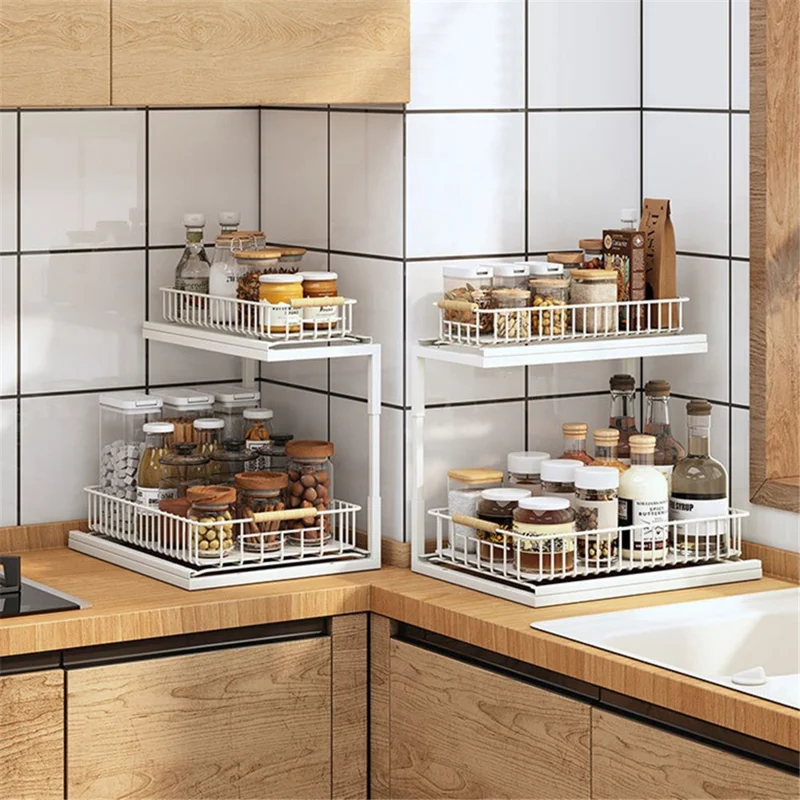 Kitchen Utensils Storage Rack Double Layer Pull-out Carbon Steel Shelf - White