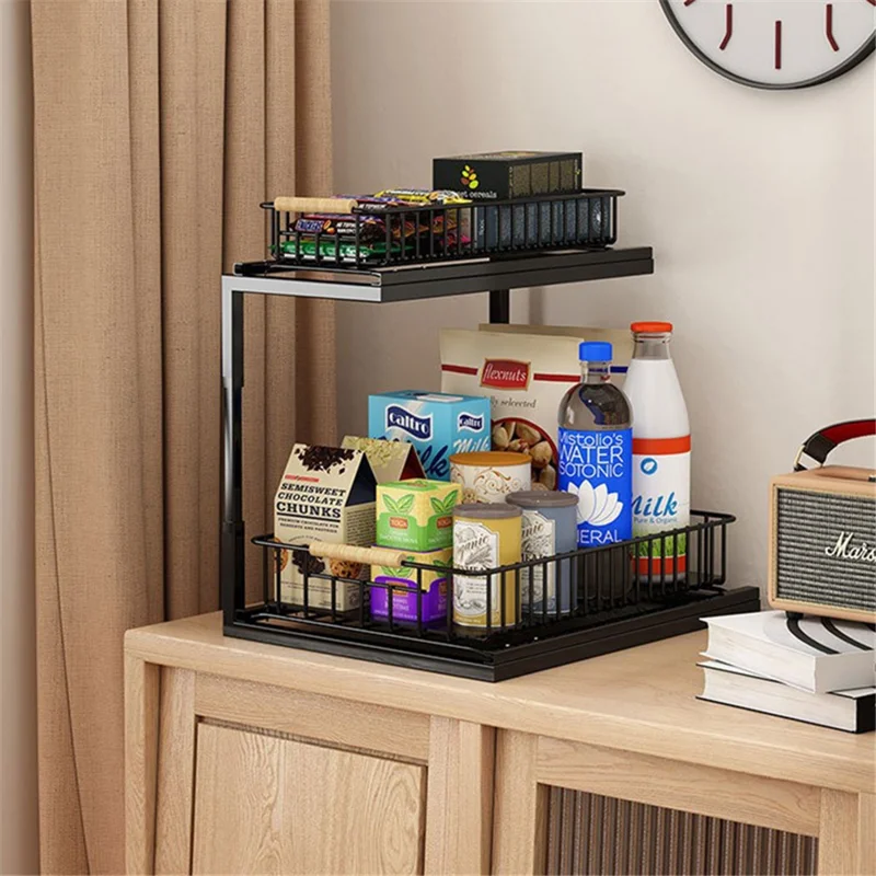 Kitchen Utensils Storage Rack Double Layer Pull-out Carbon Steel Shelf - White