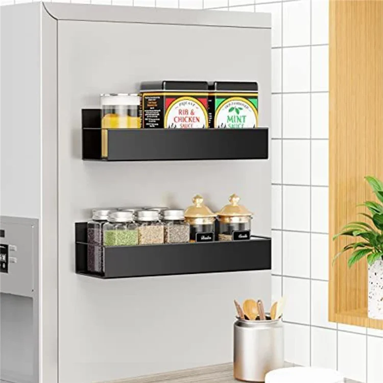 Refrigerator Side Storage Rack Drill Free Magnetic Condiment Holder Shelf, Black / S