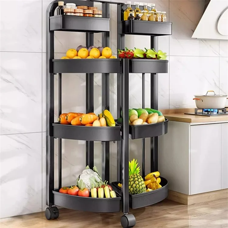 004YS2306015 Foldable Fruit and Vegetable Storage Rack Installation-free 4 Tiers Kitchen Storage Cart with Wheels - Black