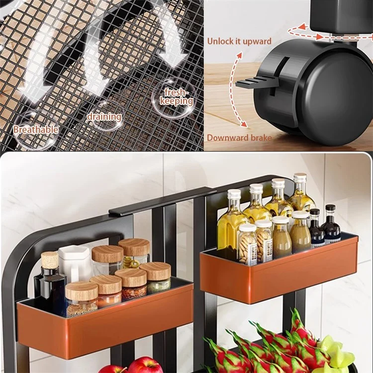 004YS2306015 Foldable Fruit and Vegetable Storage Rack Installation-free 4 Tiers Kitchen Storage Cart with Wheels - Black