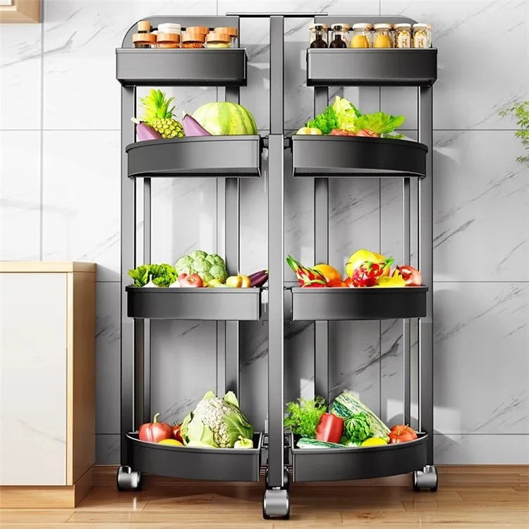 004YS2306015 Foldable Fruit and Vegetable Storage Rack Installation-free 4 Tiers Kitchen Storage Cart with Wheels - Black