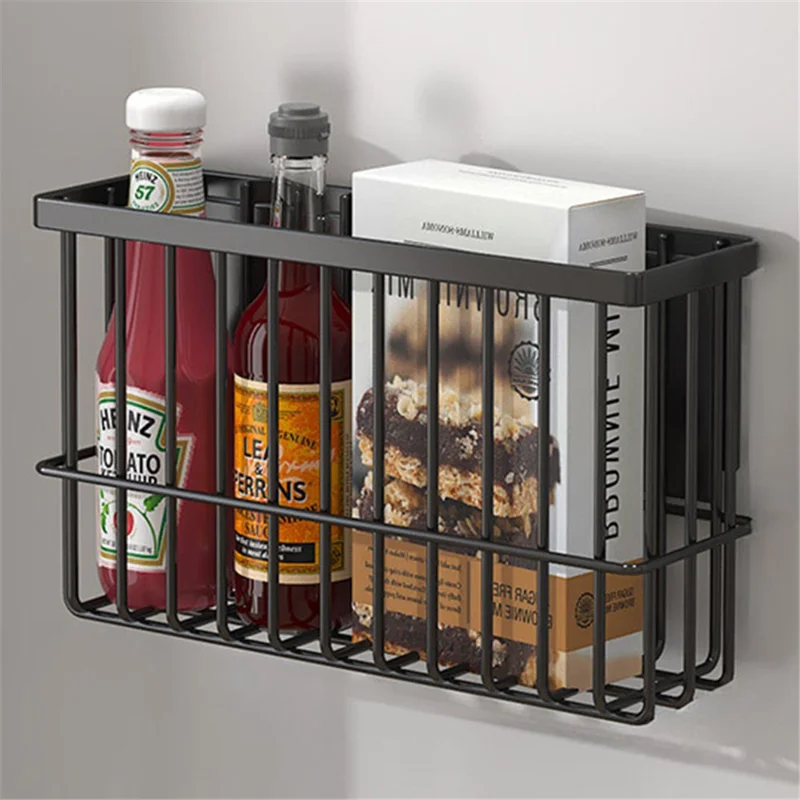 005JGL1001 Size S Refrigerator Magnetic Spice Rack Punch Free Kitchen Tissue Seasoning Organizer - Black