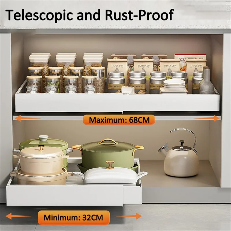 006-DG-70176-WH Spice Rack Organizer Punch-free Pull-out Cabinet Organizer, Retractable 44 to 68cm