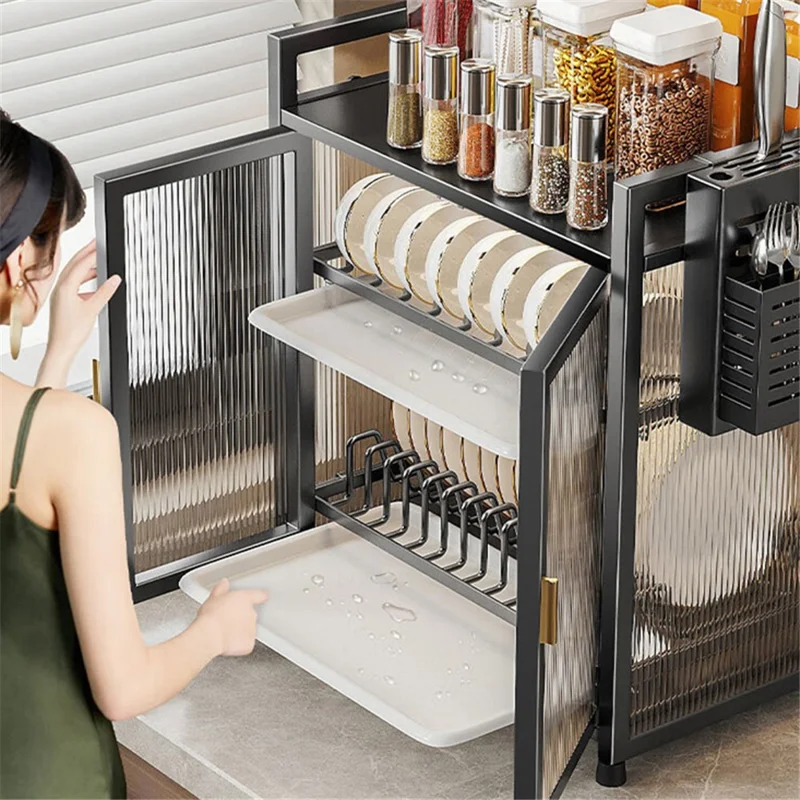 004YS2306016 Cabinet Style Dish Racks Multifunctional Dish Drying Rack with Drainboard for Kitchen Counter - Black