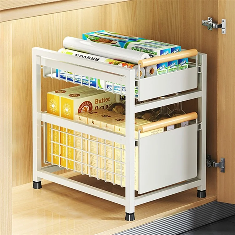 006-ZWJ-6940-2WH Double-Layer Pull-Out Seasoning Organizer Rack for Cabinet Storage Jars Bottles Holder - White