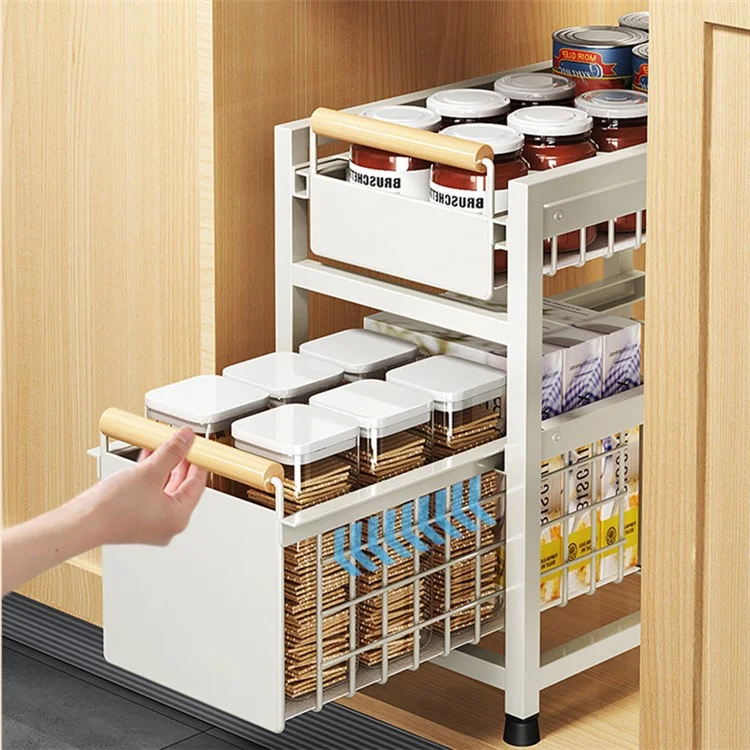 006-ZWJ-6940-2WH Double-Layer Pull-Out Seasoning Organizer Rack for Cabinet Storage Jars Bottles Holder - White