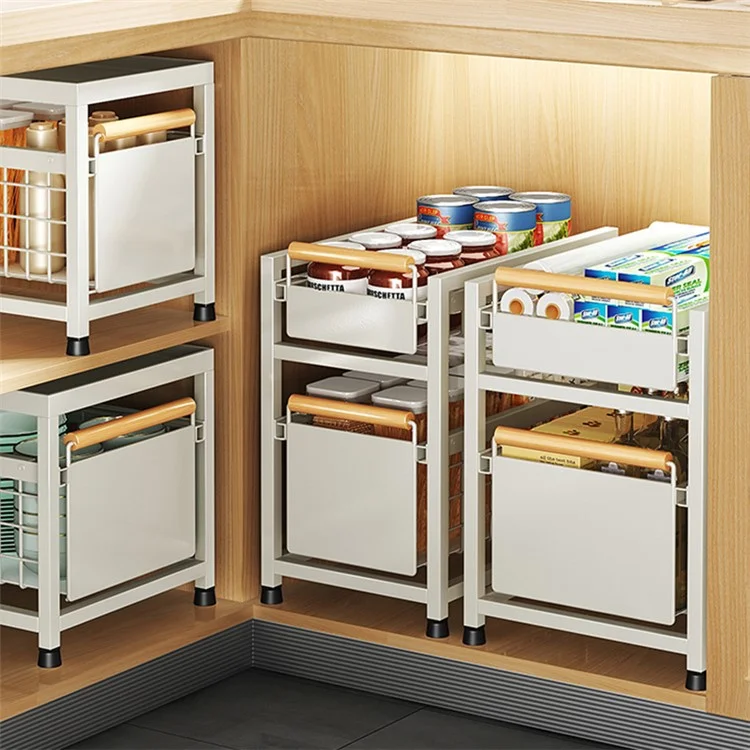 006-ZWJ-6940-2WH Double-Layer Pull-Out Seasoning Organizer Rack for Cabinet Storage Jars Bottles Holder - White
